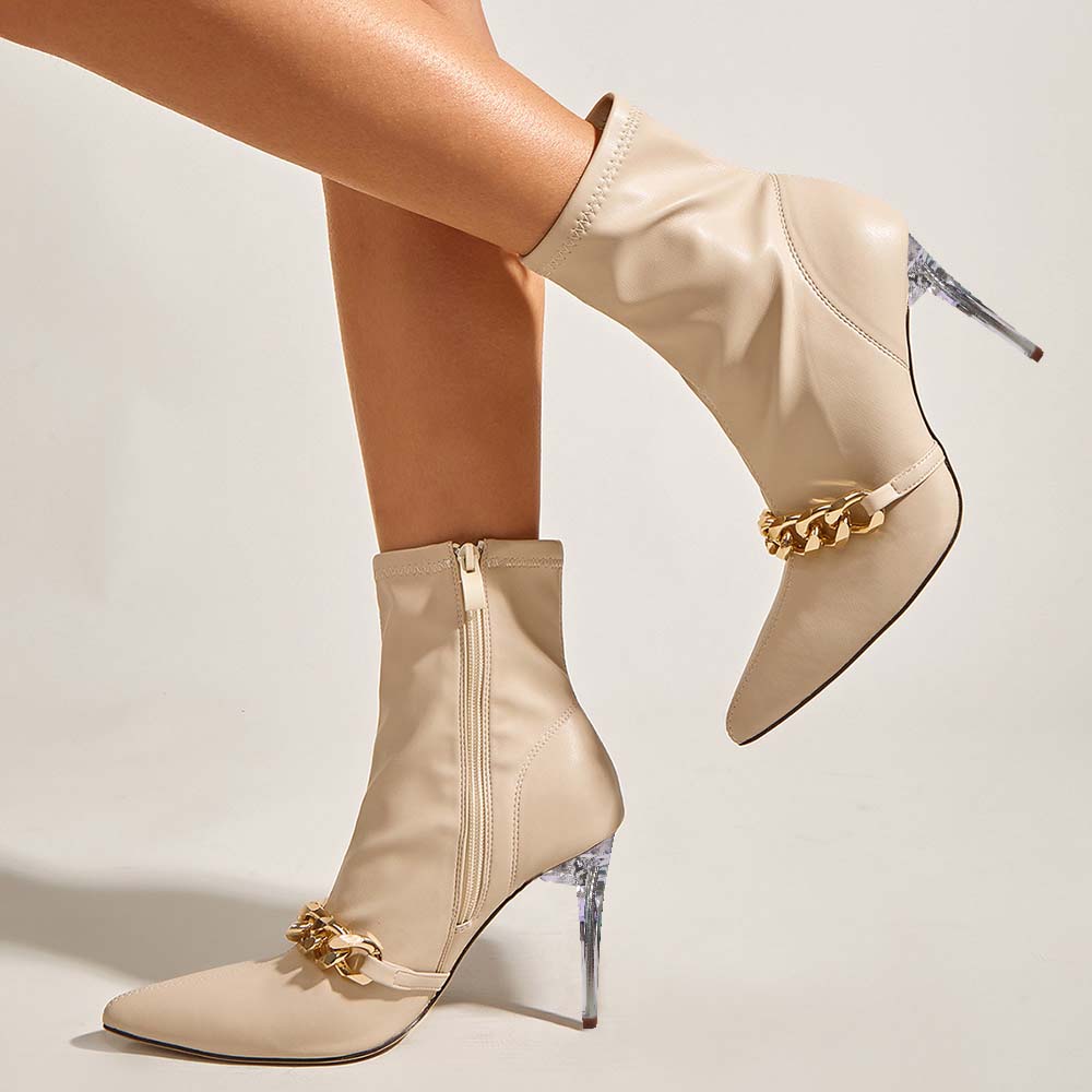 Beige Pointed-Toe Metal Chain Decorated Ankle Boots with Clear Heel Nicepairs
