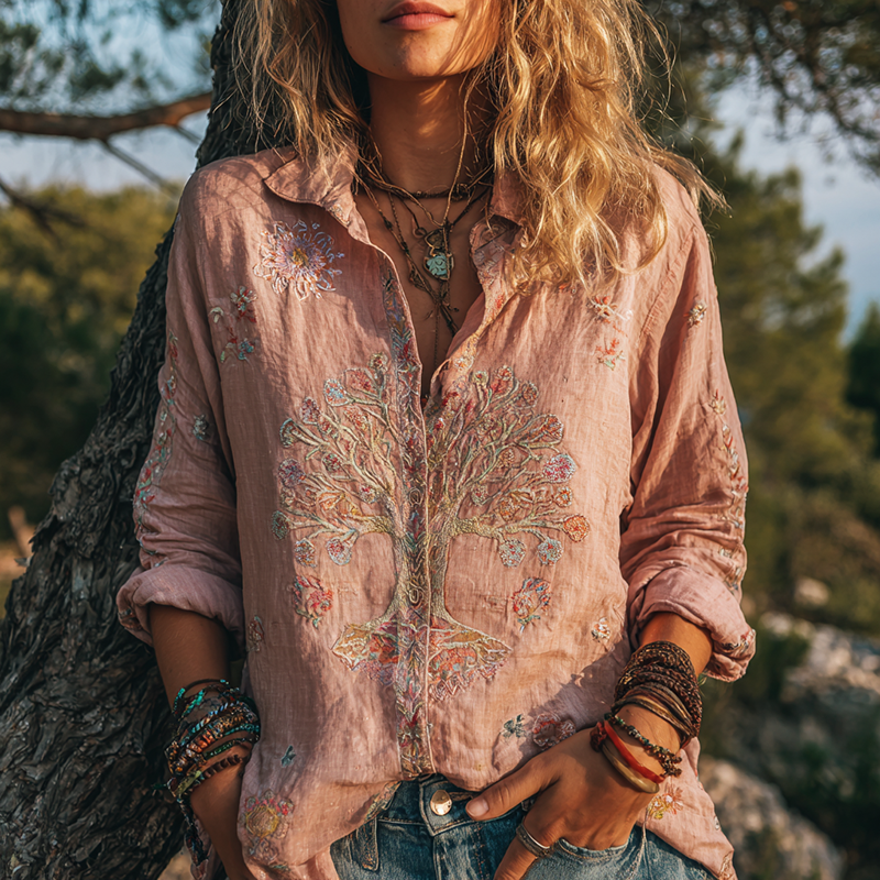 Women's Colorful Tree Of Life Embroidered Cotton And Linen Shirt