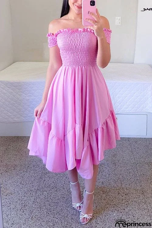 Shirred Bodice Off Shoulder Flap Asymmetric Dress