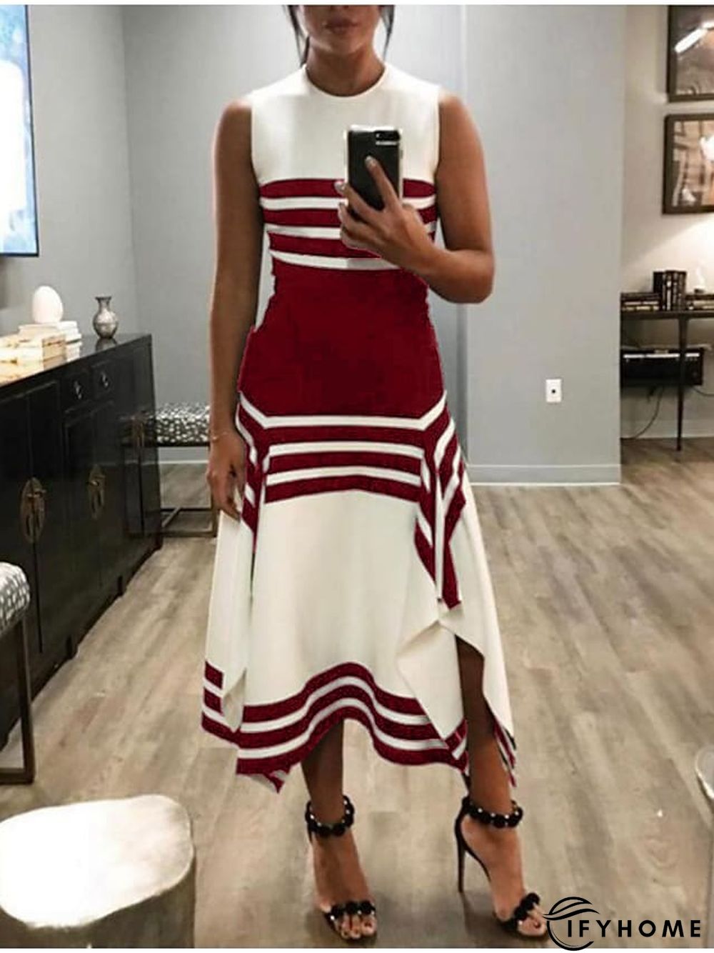 Women's Work Dress Midi Dress White collar stripes Black collar stripes Green Short Sleeve Color Block Print Spring Summer Crew Neck S M L XL XXL XXXL | IFYHOME