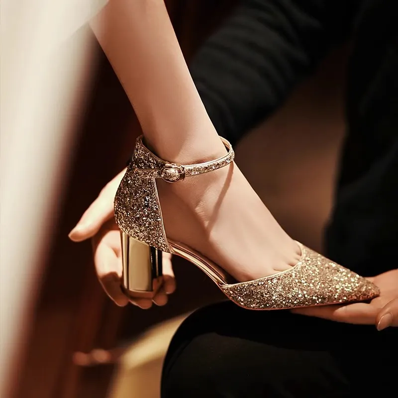 Breakj Breakj Shoes Crystal Shoes Women Wedding Shoes White Wedding Shoes Coarse Hedliers Buckle High Heels