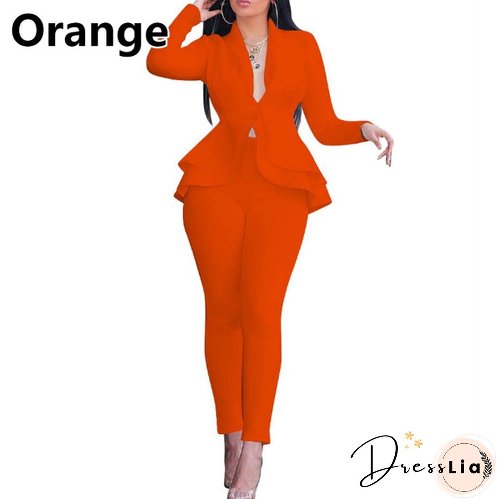 Women's Formal Work Blazer Jacket Pants Business Office Outfits Suit Set Ruffle Solid Color