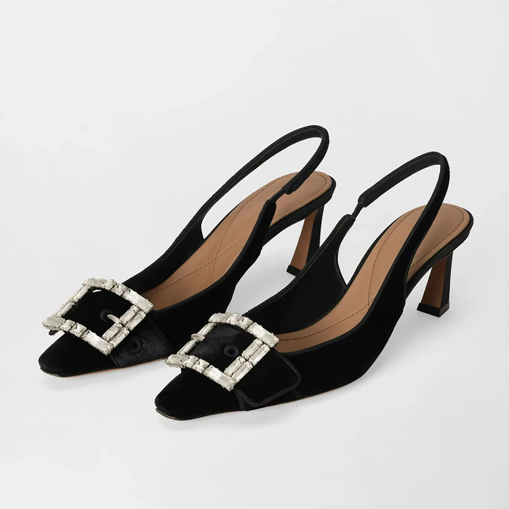 Velvet Black Square Toe Slingback Pumps with Rhinestone Buckle