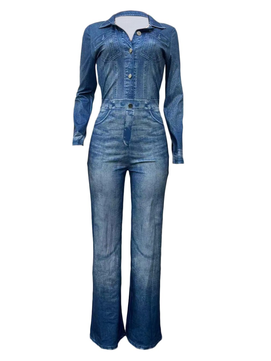 Autumn Winter Women Imitation Denim Pocket Button Design Jumpsuit Vintage Jumpsuits