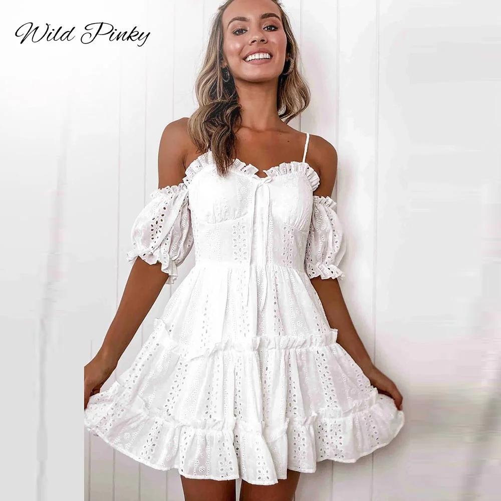 WildPinky Elegant White Pleated Lace Women Dress Sexy Spaghetti Strap Female Ruffle Cotton Dress Summer Beach Ladies Mini Dress
