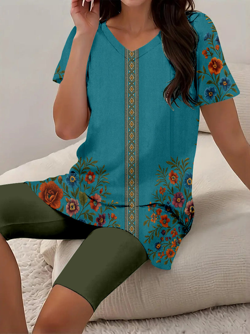 Women Long Sleeve V-neck Graphic Floral Printed Top