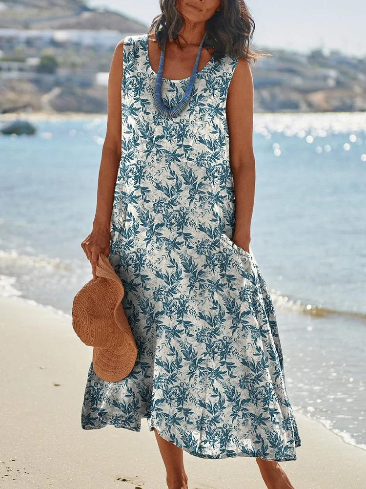 Elegant Spring Camellia Floral Seamless Repeat Pattern Printed Women's Pocket Pinafore Linen Dress