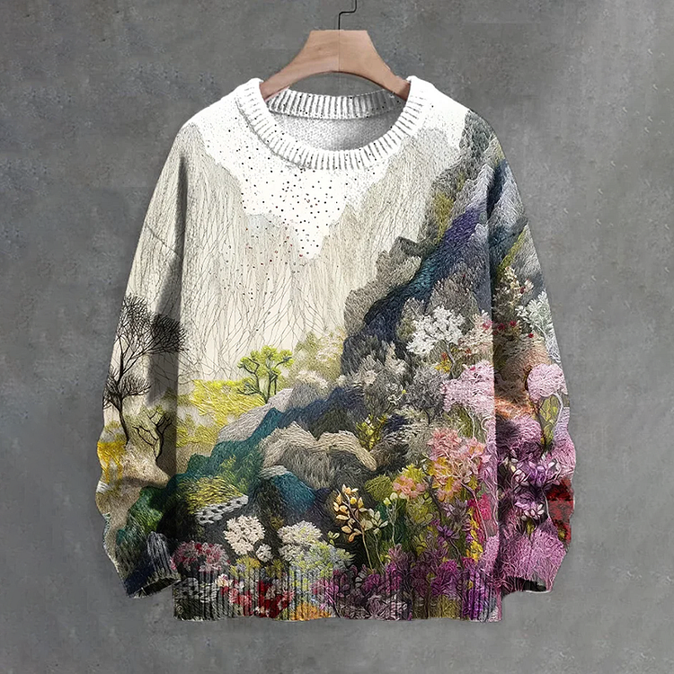 Comstylish Men's Plants Flowers Landscape Embroidery Print Casual Knit