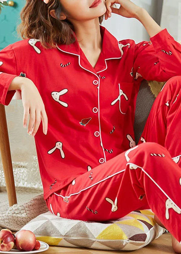 Cozy Red Button Patchwork Print Cotton Pajamas Two Pieces Set Summer