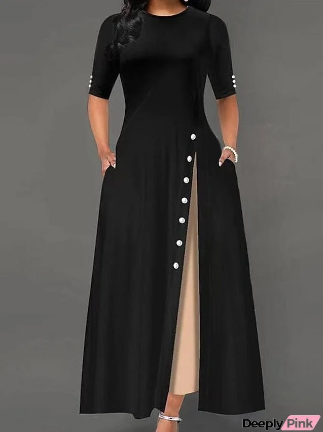 Work Dress Black Dress Semi Formal Dress Fashion Maxi Dress Patchwork Button Crew Neck Half Sleeve Plain Regular Fit Black Summer Spring S M L XL 4XL for Women