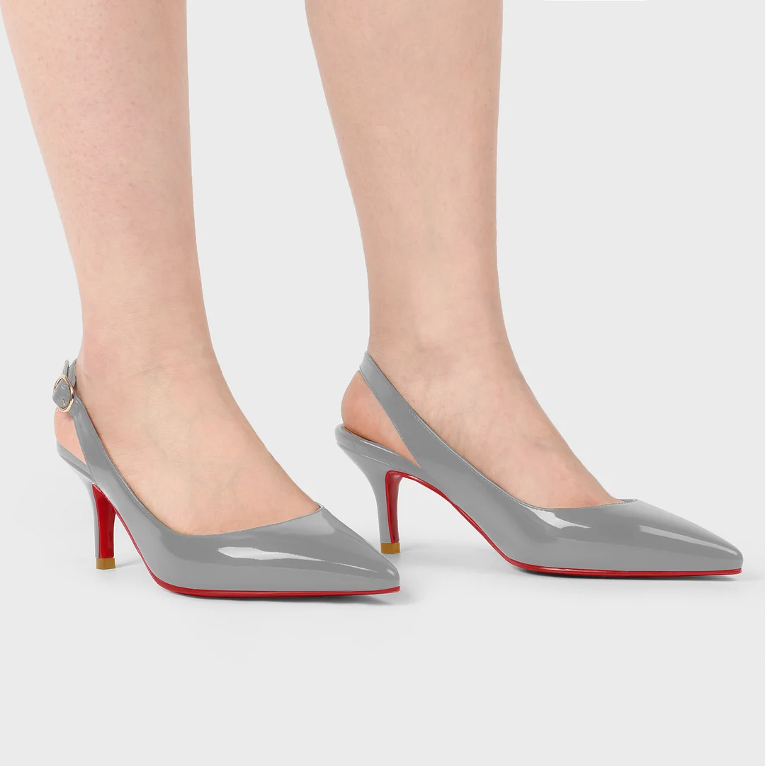 2.36" Women's Pointed Toe Slingback Red Bottom Shoes Kitten Heel Pumps Patent-MERUMOTE