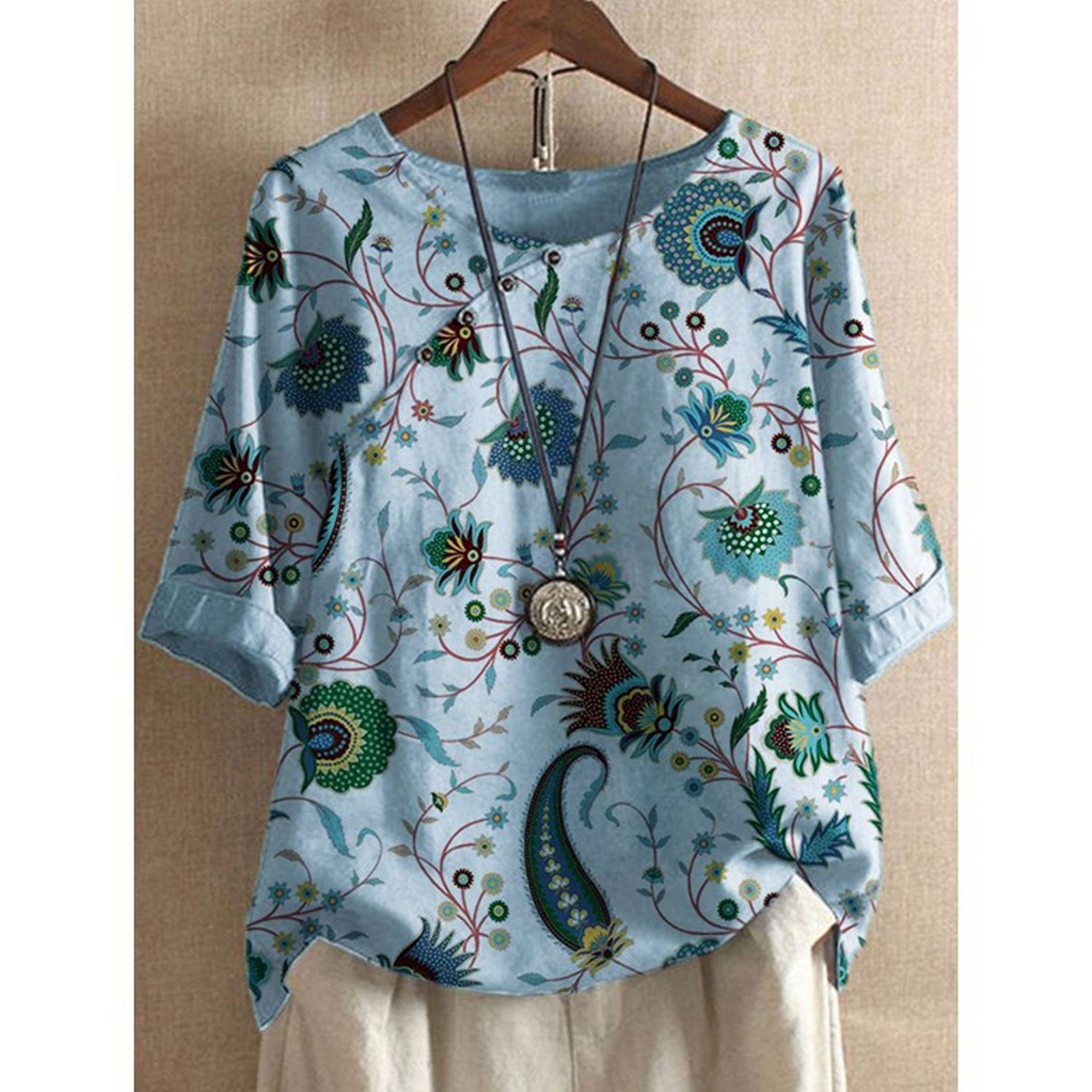 Women's Round Neck Cotton Linen Graphic Leisure Tops