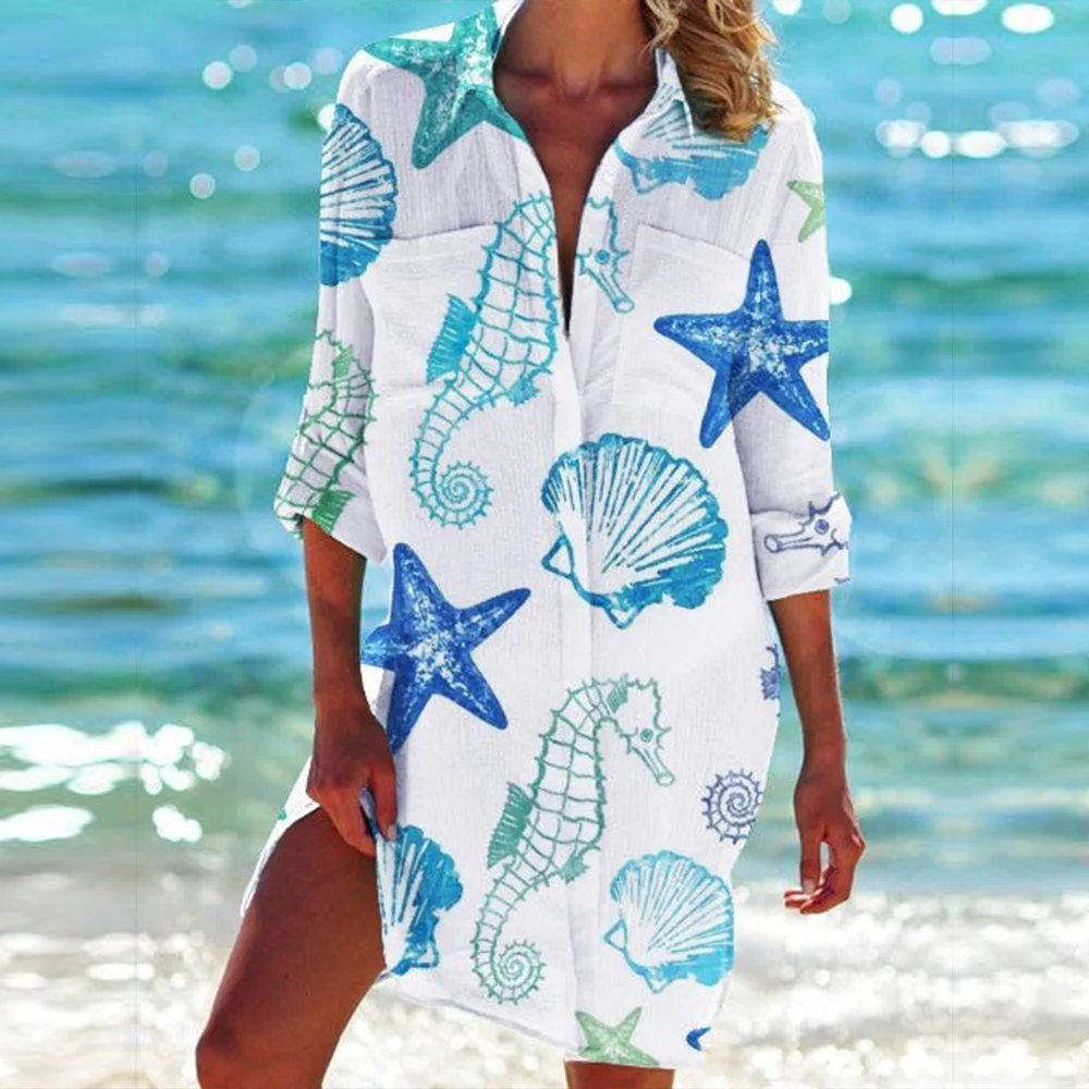 Starfish Shell Print Casual Shirt Midi Dress
