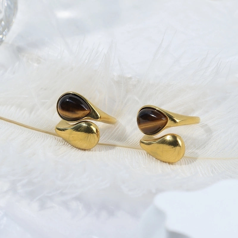 Casual Sweet Cool Style Round Water Droplets 304 Stainless Steel Natural Stone 14K Gold Plated Plating Inlay Rings