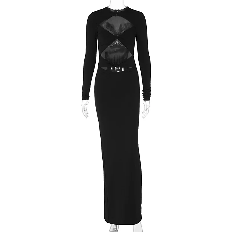 Ueong Summer Women's Fashion Hollow Out Solid Color Long Sleeve Slim Crop Sexy Dress