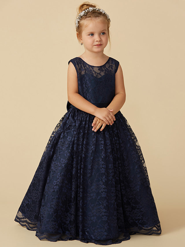 Oknass Sleeveless Jewel Neck Ball Gown Flower Girl Dress Lace With Sash Ribbon Bow