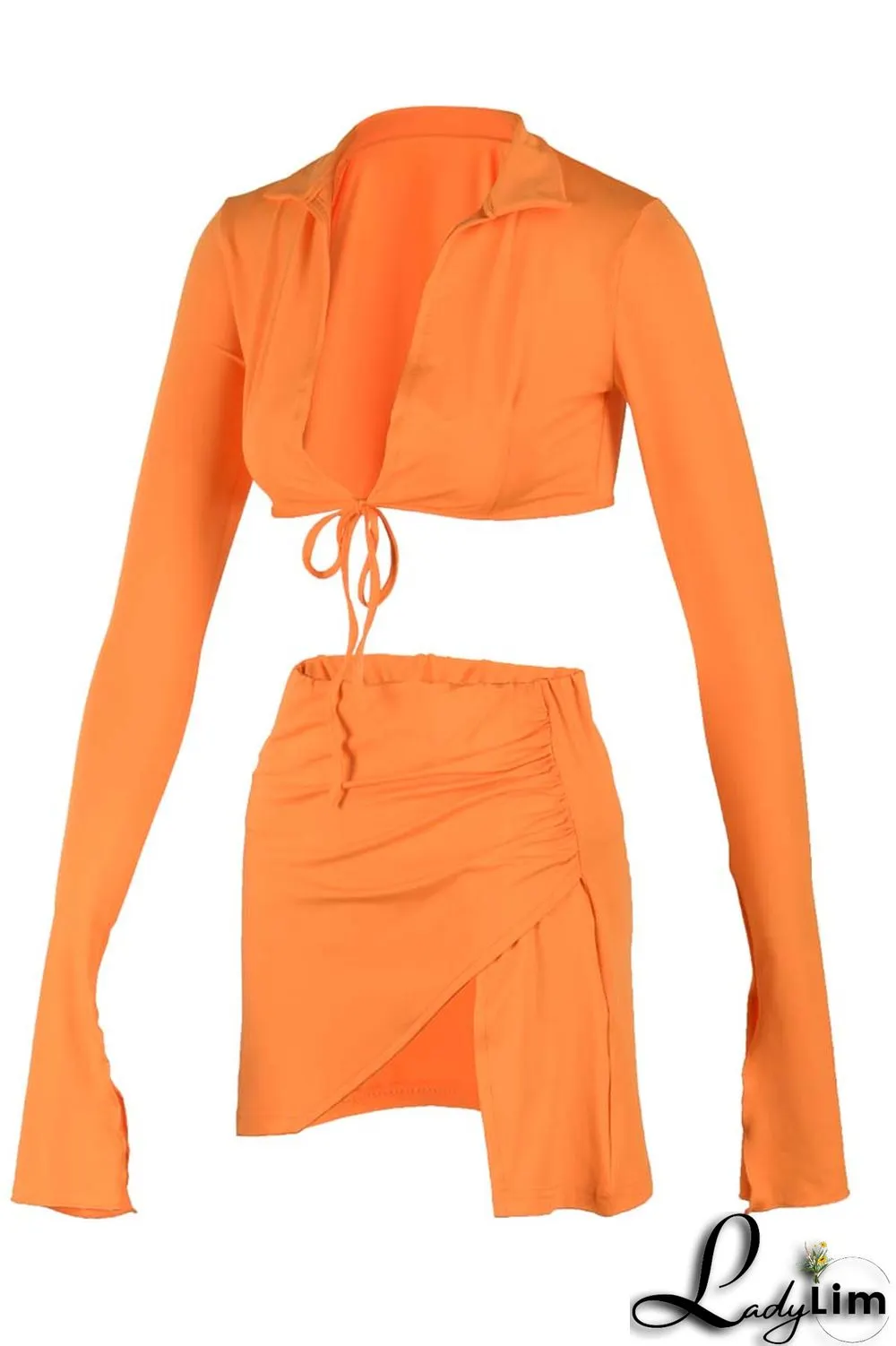 Yellow Fashion Sexy Solid Bandage Slit V Neck Long Sleeve Two Pieces