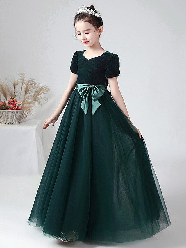 Oknass Ball Gown Short Sleeve Bateau Neck Flower Girl Dress Tulle Velvet  With Bow