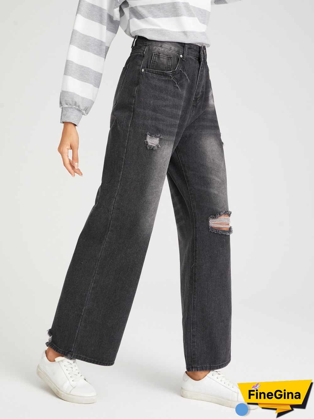 Ripped Faded Effect Washed Zipper Fly Wide Leg Jeans