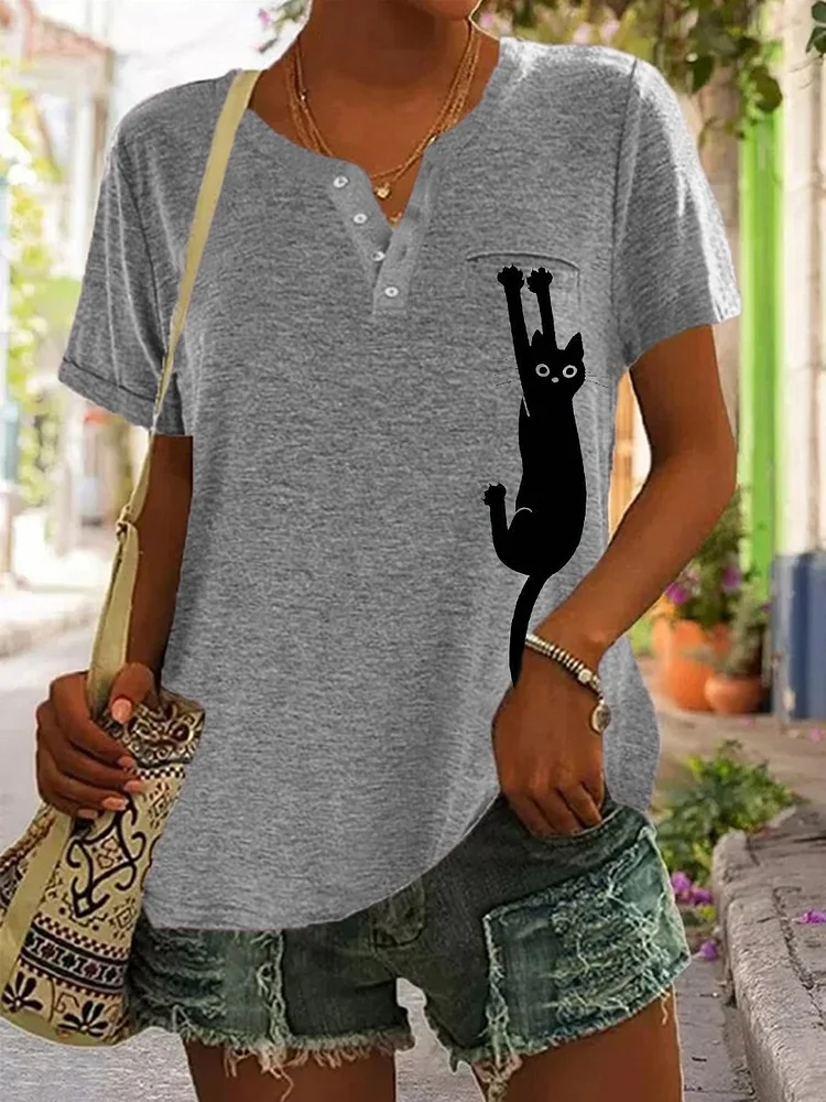 Women's Cute Grab Cat Print Pocket Button V-Neck T-Shirt socialshop