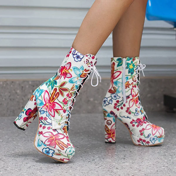 HUXM High Block Heel Floral Bohemian Lace Up Ankle Boots