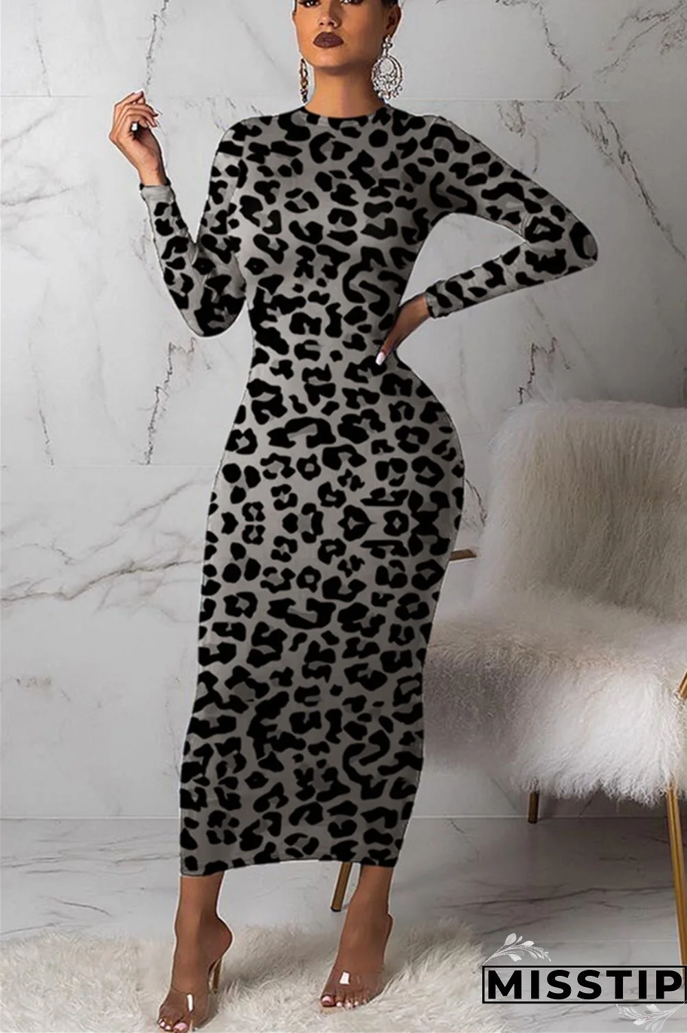 Grey Comfortable Print Long Sleeve Dress
