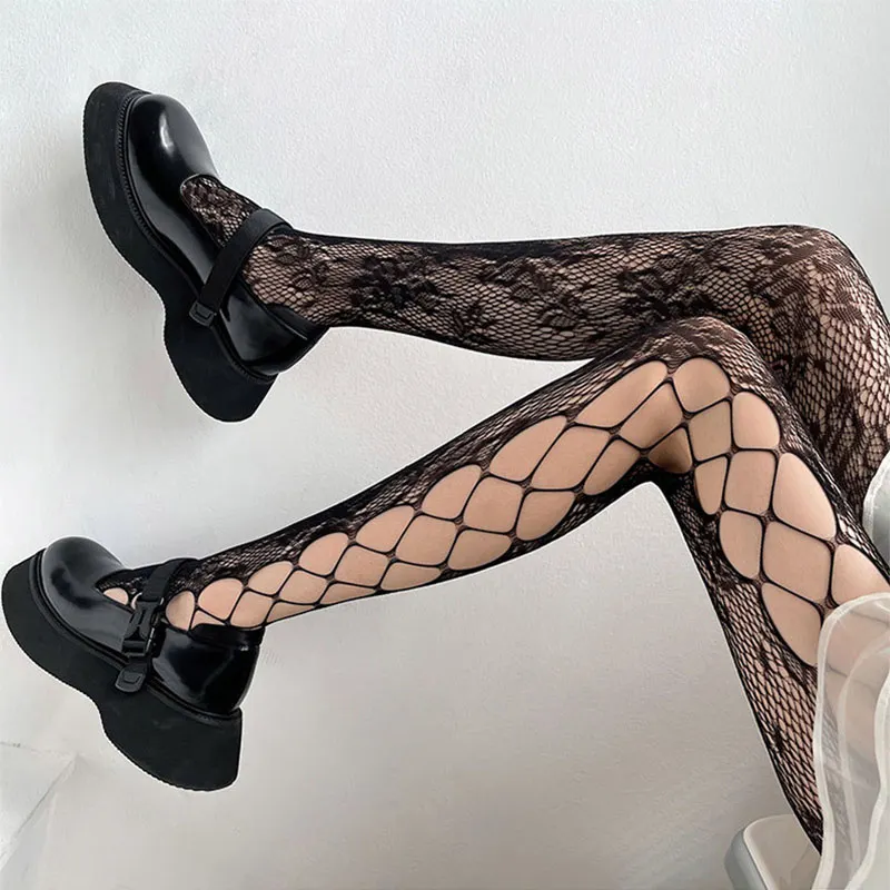 Fishnet Top With Roses Y2K ROSE FISHNET SIDE HOLLOW STOCKINGS