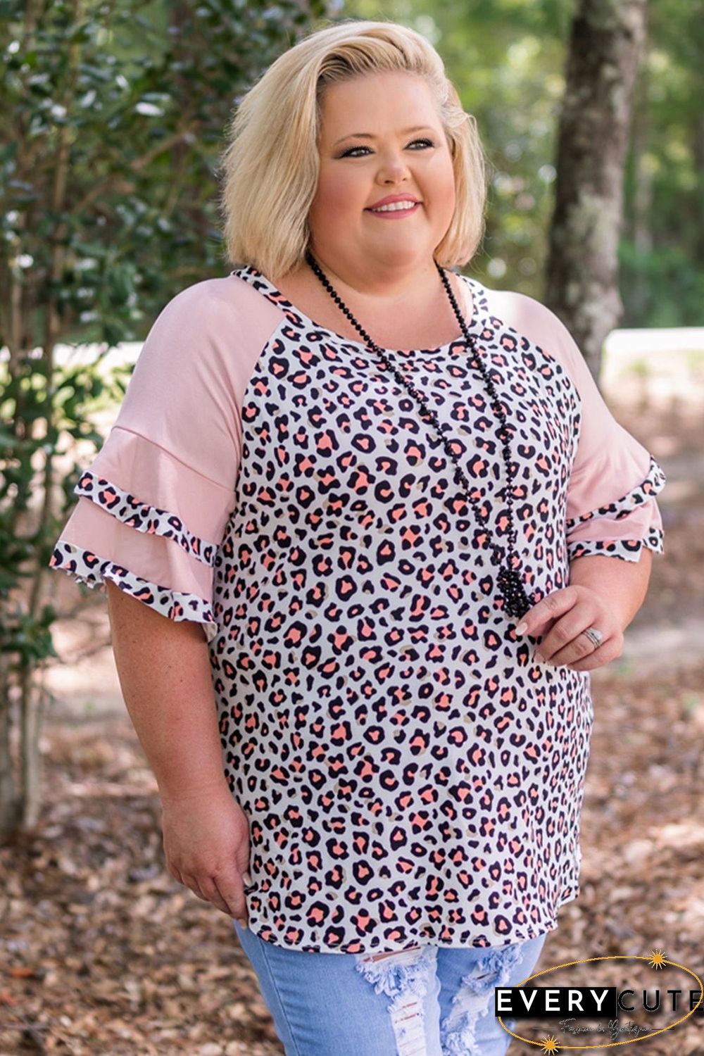 Pink Plus Size Ruffle Raglan Sleeve Leopard Top
