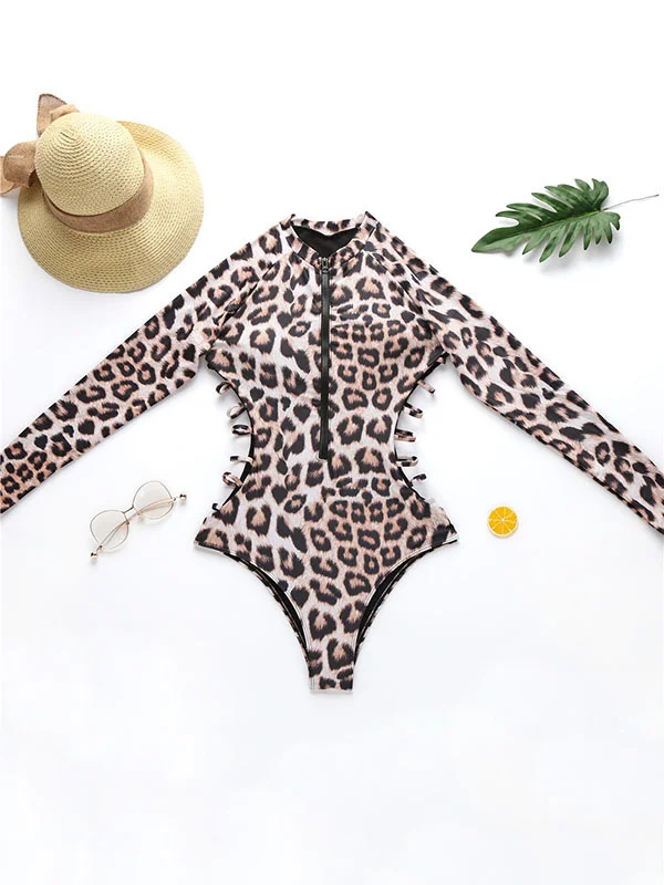 Animal Print High-Neck Zipper Long Sleeve One-Piece Wetsuit