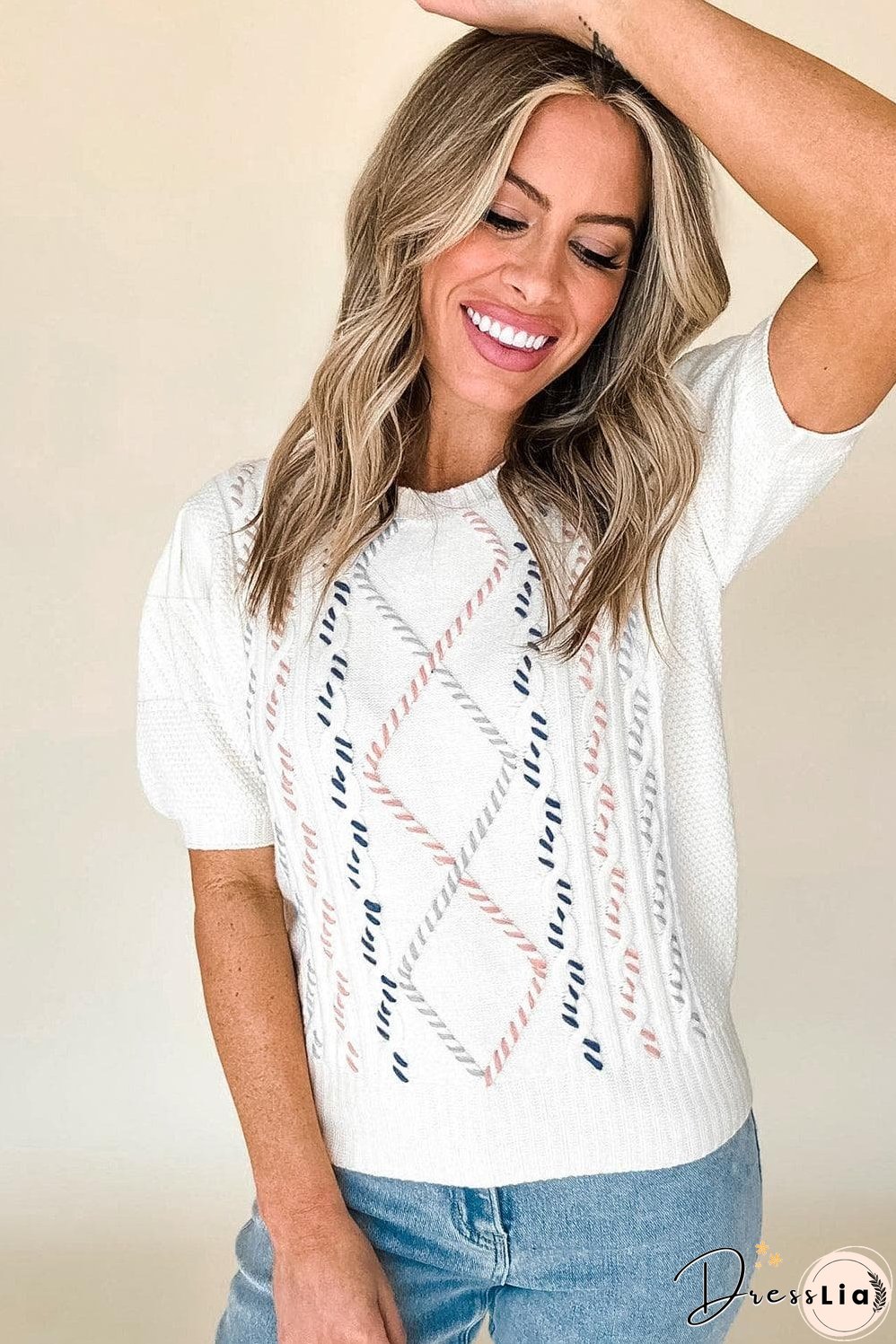 White Multicolor Stitch Detail Cable Knit Short Sleeve Sweater
