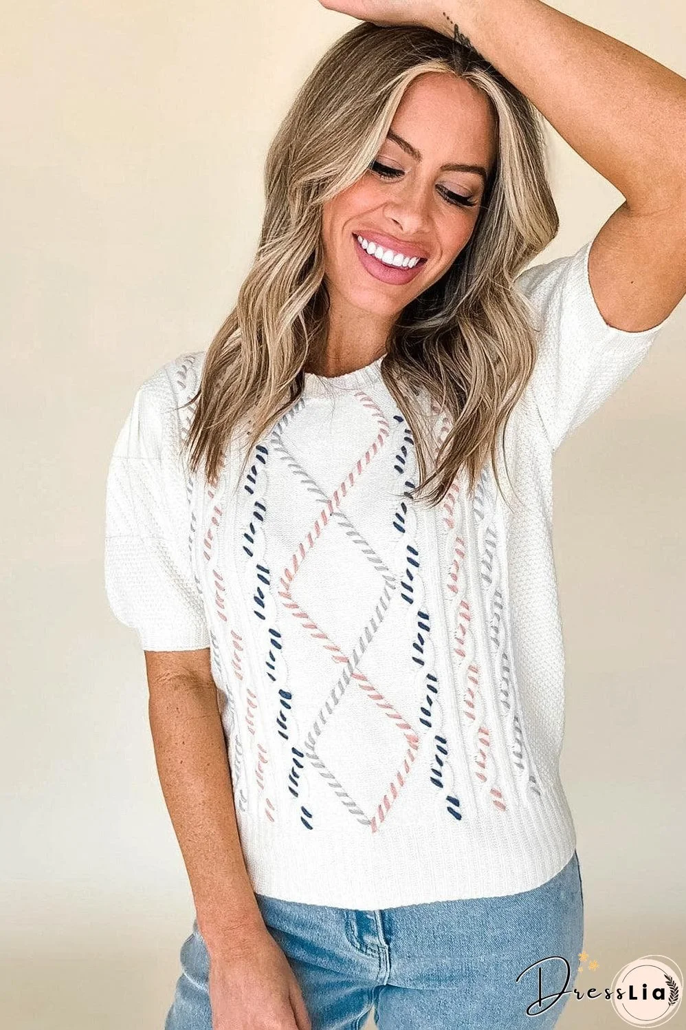 White Multicolor Stitch Detail Cable Knit Short Sleeve Sweater