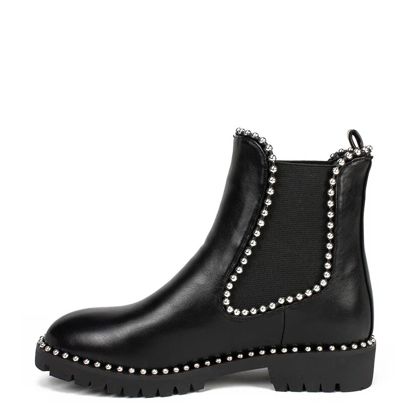 TAAFO Black Low Chunky Heels Studded Chelsea Booties Woman Round Toe Ankle Boots Elastic Ladies Shoes 