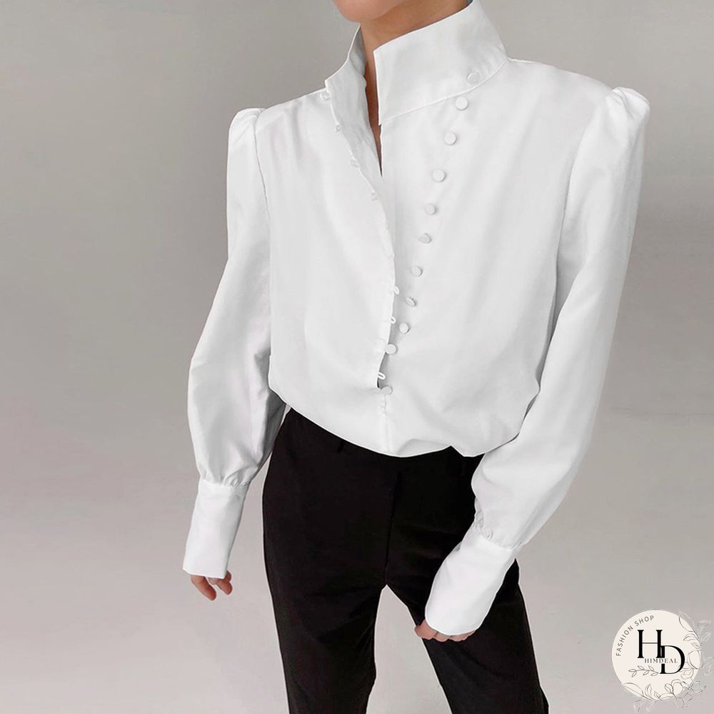 Elegant Turtleneck Blouse Long Sleeve White Shirt Office Ladies Top Casual Solid Single-Breasted Puff Sleeve Womens Blouses
