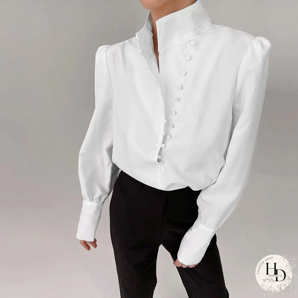 Elegant Turtleneck Blouse Long Sleeve White Shirt Office Ladies Top Casual Solid Single-Breasted Puff Sleeve Womens Blouses