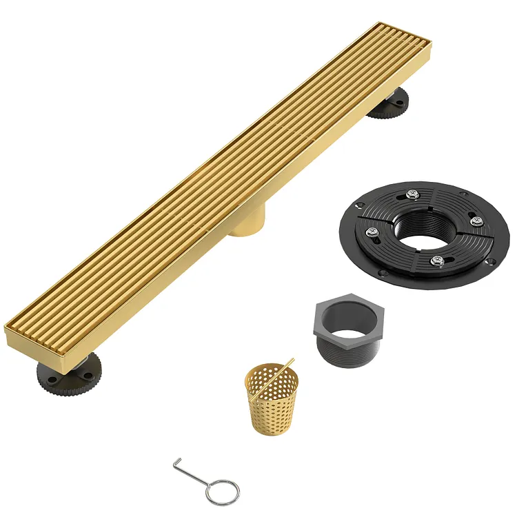 EVERSTEIN 24" Linear Shower Drain with Removable Grate Brushed Gold