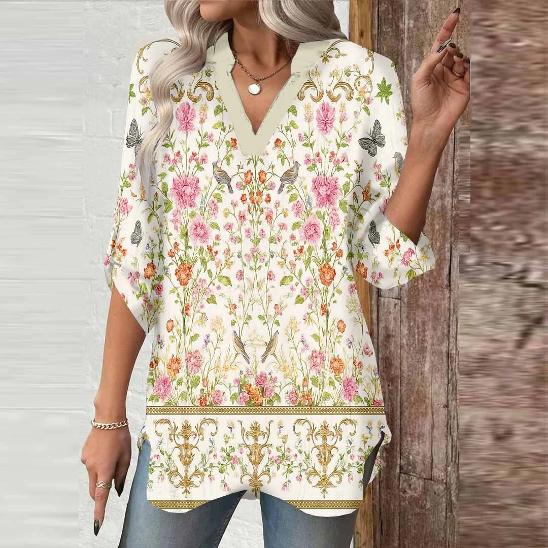 Women Floral, Pink, Green DZGA0181 3/4 Sleeve V-neck Printed Graphic Button Tops