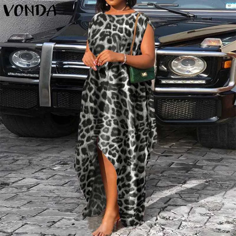 VONDA Women Long Dress Vintage Leopard Print Dresses Sexy Sleeveless Irregular Hem Tank Robe Bohemian Vestido  Sundress