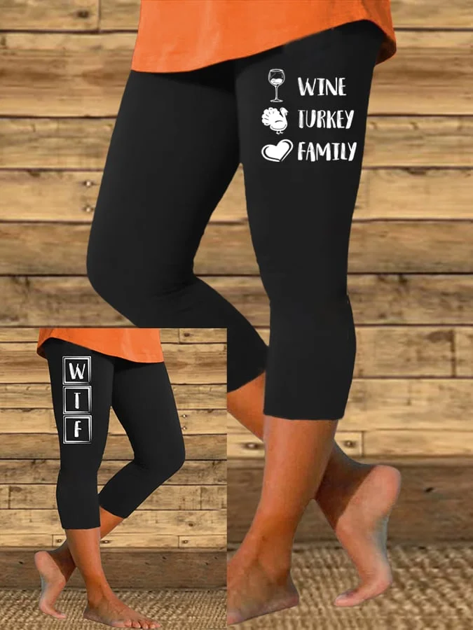 Women's WTF Wine Turkey Family Print Casual Leggings