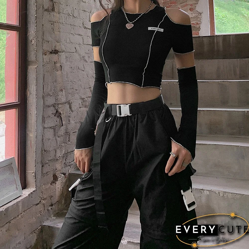 Patchwork Black T-shirts Gothic One Shoulder Sleeve Crop Tops Ruffles Hem Hip Hop Techwear Women Tees