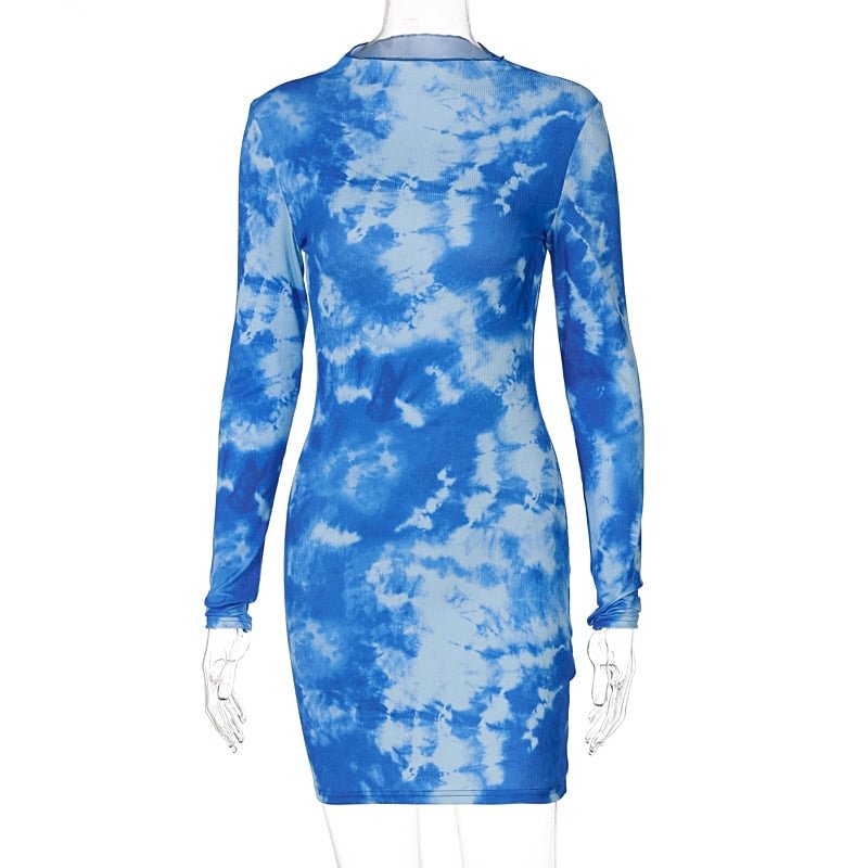 Hugcitar 2021 Tie Dye Long Sleeves Bodycon Slim Sexy Mini Dress Summer Autumn Women Fashion  Y2K Streetwear