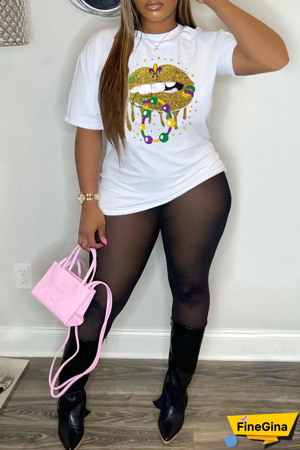 Grey Party Vintage Lips Printed Patchwork O Neck T-Shirts