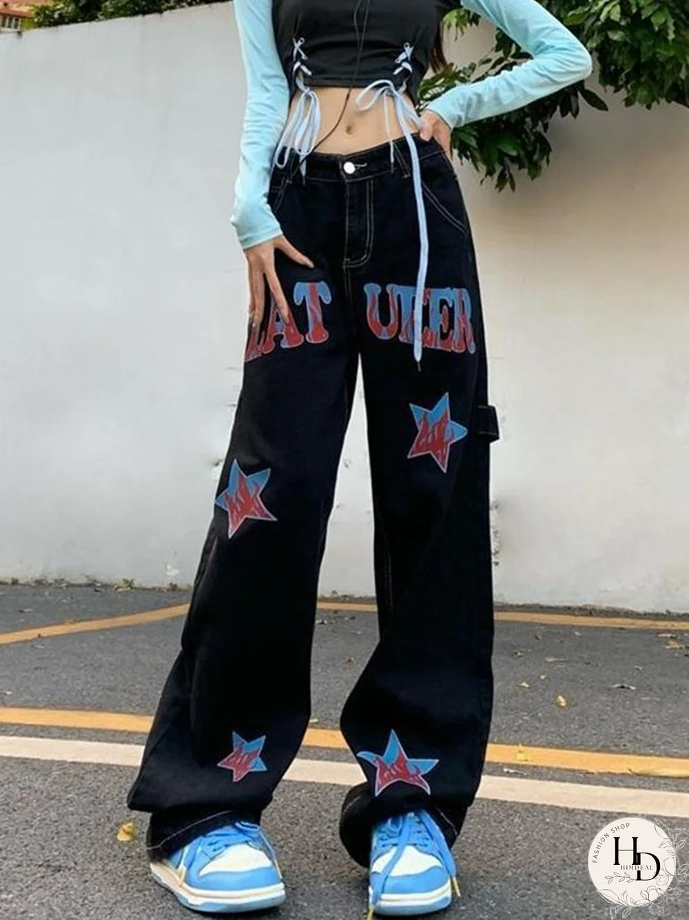 Hip Hop Loose American Star Print Distressed Cargo Jeans