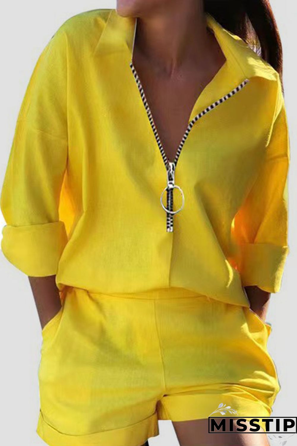 Black Casual Print Patchwork Zipper Turndown Collar Long Sleeve Two Pieces