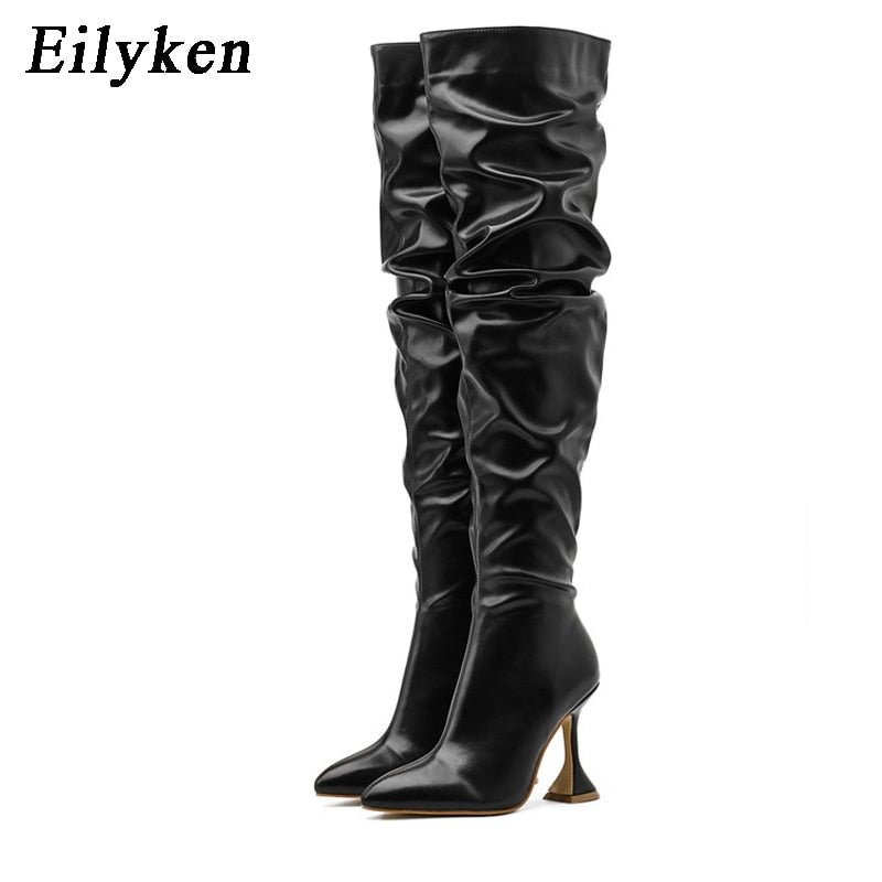 Eilyken New Design Pleated Leather Over The Knee Boots Fashion Runway Strange High Heels Sexy Pointed Toe Zip Womans Shoes