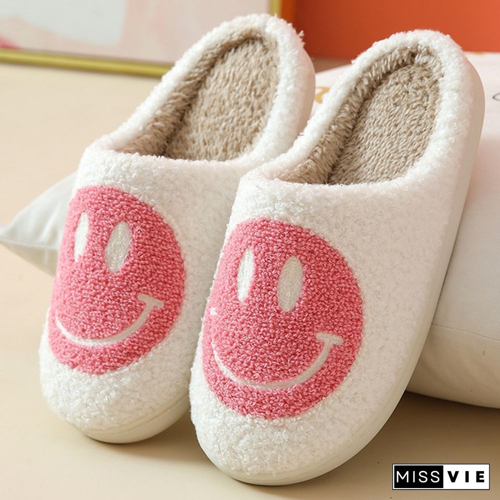 Winter House Girls Fur Slippers Cute Smiley Pattern Women Fluffy Warm Bedroom Ladies