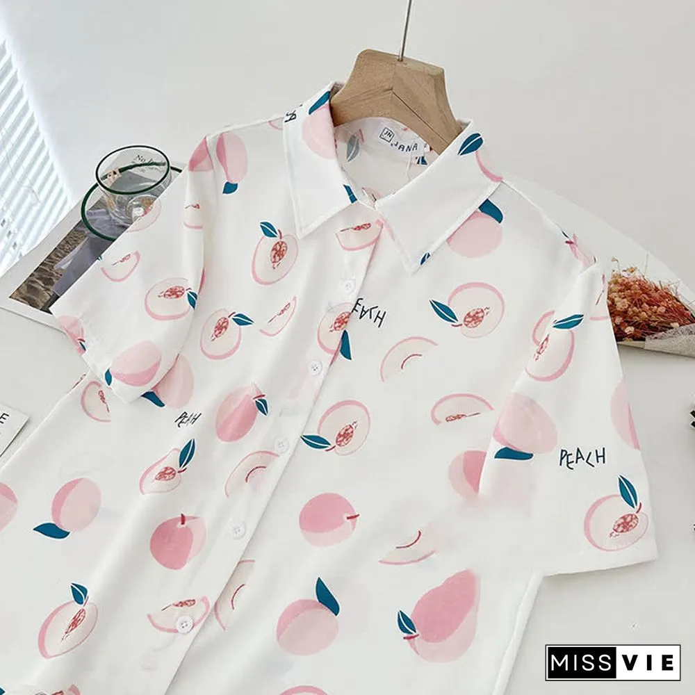Cartoon Print Lapel Short Sleeve Loose Shirt