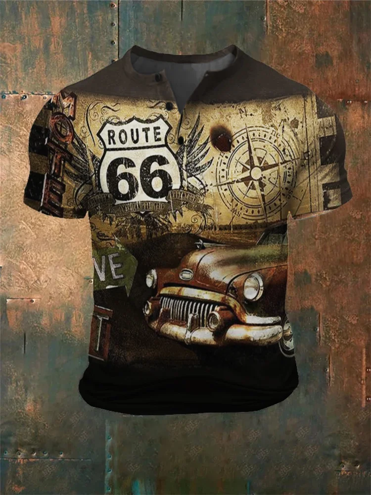 BrosWear Men's Vintage Route 66 Tour Graphic Henley Shirt