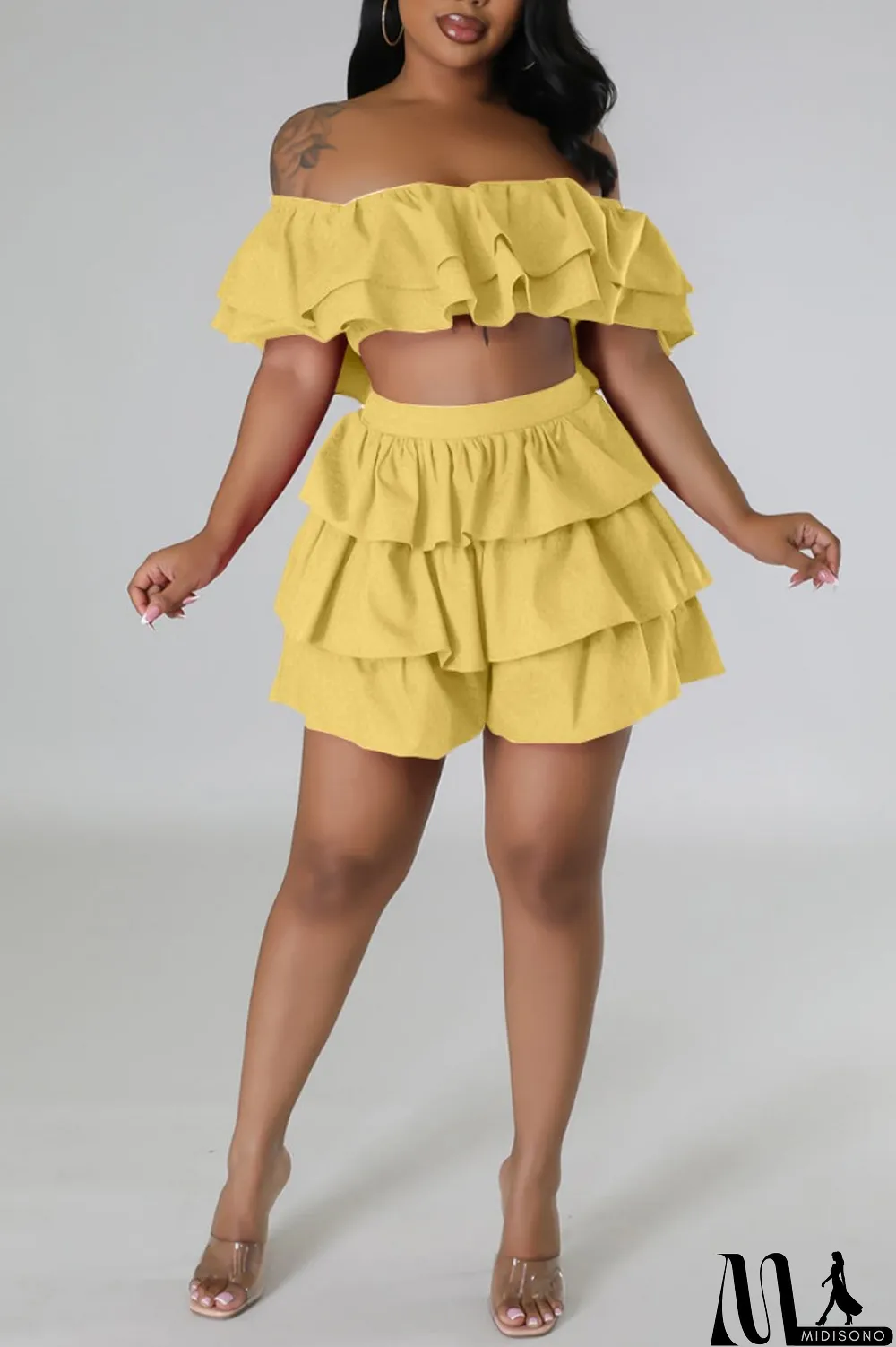 MidiSono - Rose Red Sexy Casual Solid Patchwork Backless Off the Shoulder Short Sleeve Two Pieces