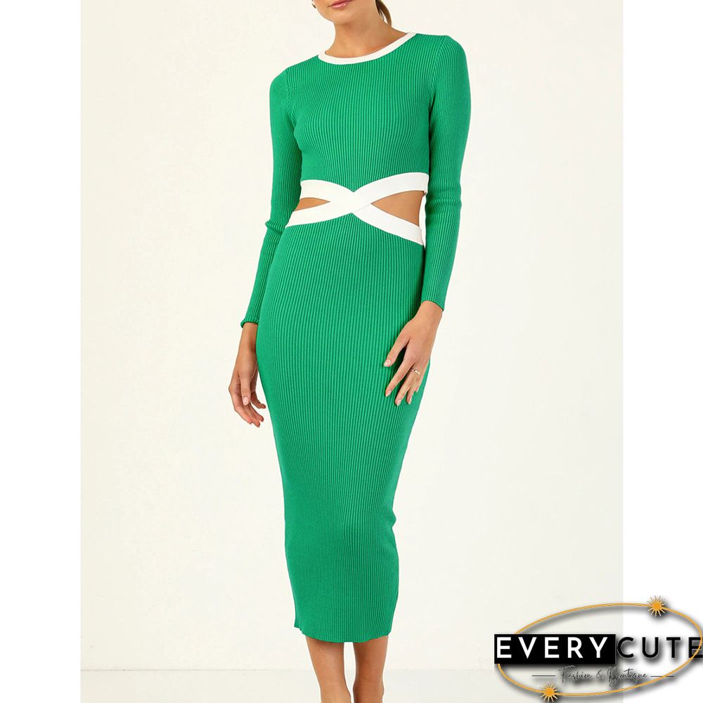 Green Ribbed Cut-out Long Sleeve Bodycon Dress