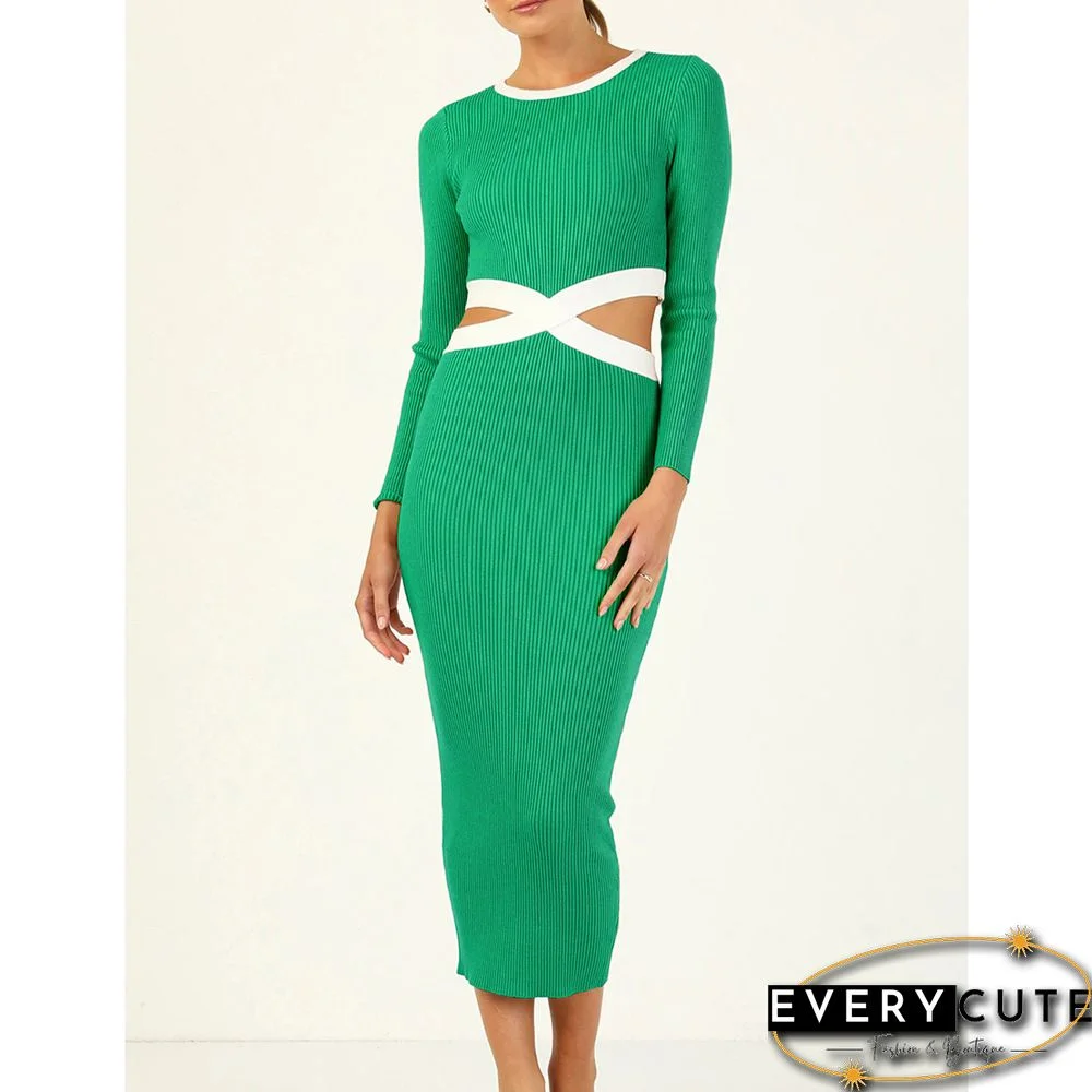 Green Ribbed Cut-out Long Sleeve Bodycon Dress